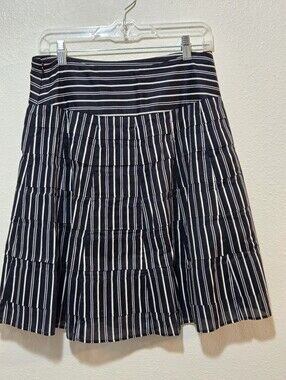 Black And White A-line Tiered Mixed Stripe Skirt Pleated Below Knee Preppy   XS